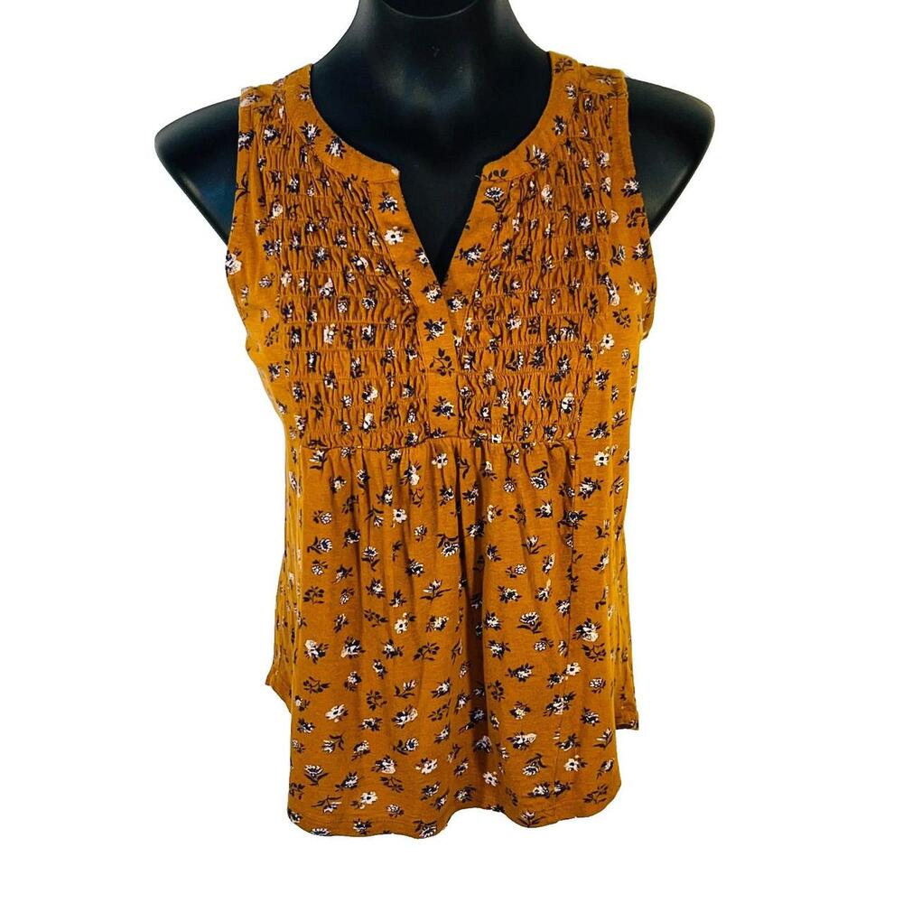 Lucky Brand - Women's M Tank Sleeveless Rust V Neck Orange, Navy Vintage Print